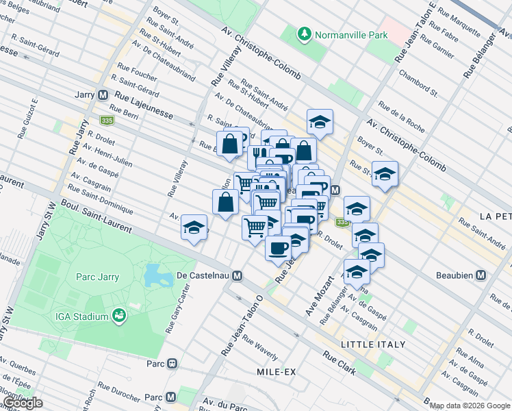 map of restaurants, bars, coffee shops, grocery stores, and more near 7372 Rue Drolet in Montréal