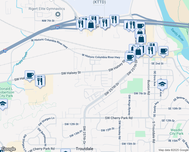 map of restaurants, bars, coffee shops, grocery stores, and more near 1020 Southwest Halsey Street in Troutdale