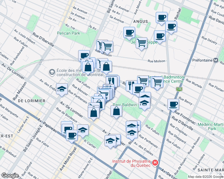 map of restaurants, bars, coffee shops, grocery stores, and more near 2437 Avenue du Mont-Royal Est in Montréal