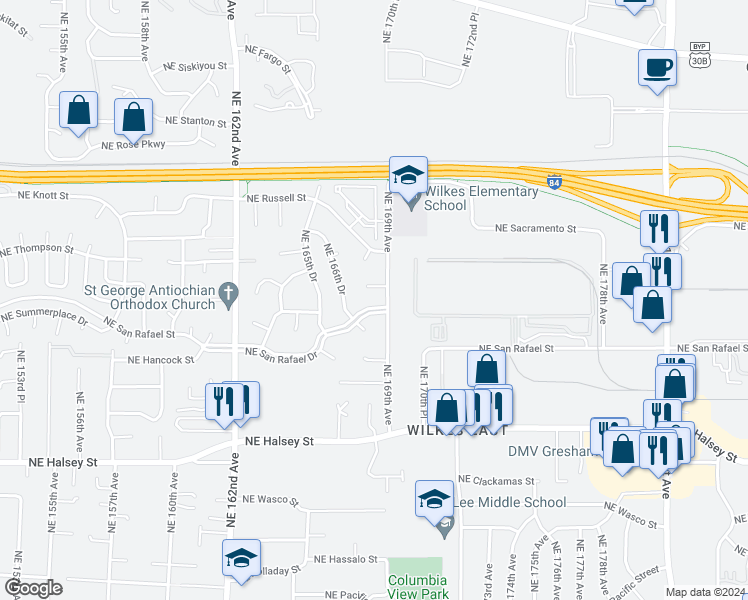 map of restaurants, bars, coffee shops, grocery stores, and more near 16801 Northeast San Rafael Drive in Portland