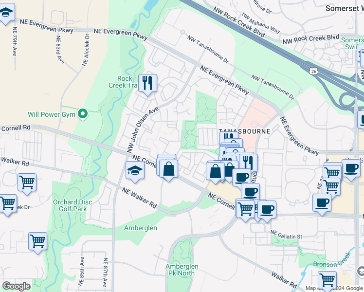 map of restaurants, bars, coffee shops, grocery stores, and more near 2718 Northeast Overlook Drive in Hillsboro
