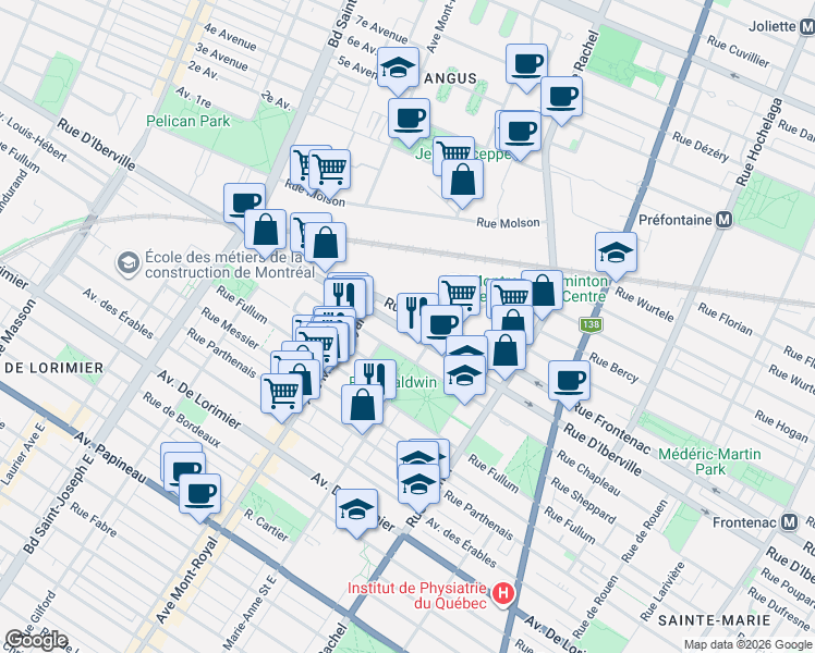 map of restaurants, bars, coffee shops, grocery stores, and more near 4426 Rue D'Iberville in Montréal