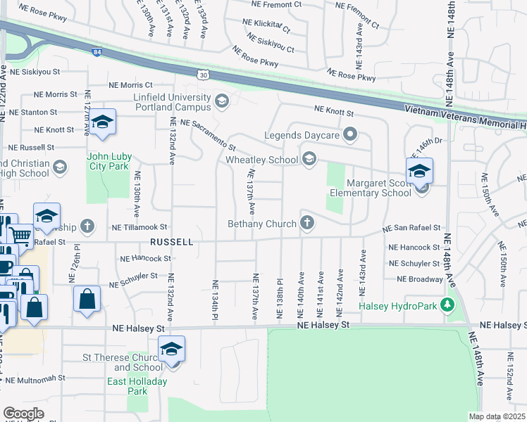 map of restaurants, bars, coffee shops, grocery stores, and more near 2144 Northeast 137th Avenue in Portland
