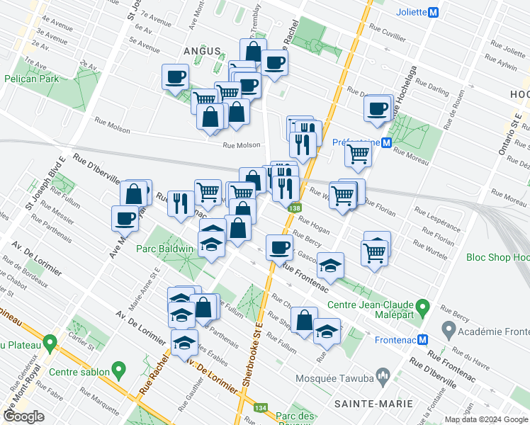 map of restaurants, bars, coffee shops, grocery stores, and more near 2700 Rue Rachel Est in Montréal