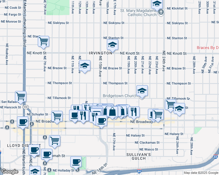 map of restaurants, bars, coffee shops, grocery stores, and more near 2224 Northeast 16th Avenue in Portland