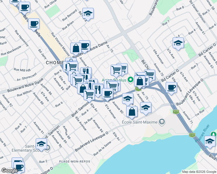 map of restaurants, bars, coffee shops, grocery stores, and more near 570 79e Avenue in Laval