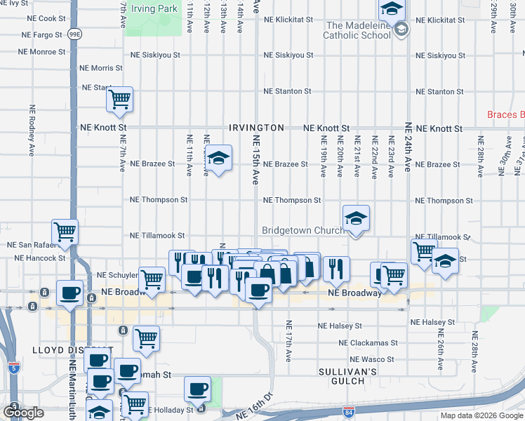 map of restaurants, bars, coffee shops, grocery stores, and more near 2215 Northeast 15th Avenue in Portland