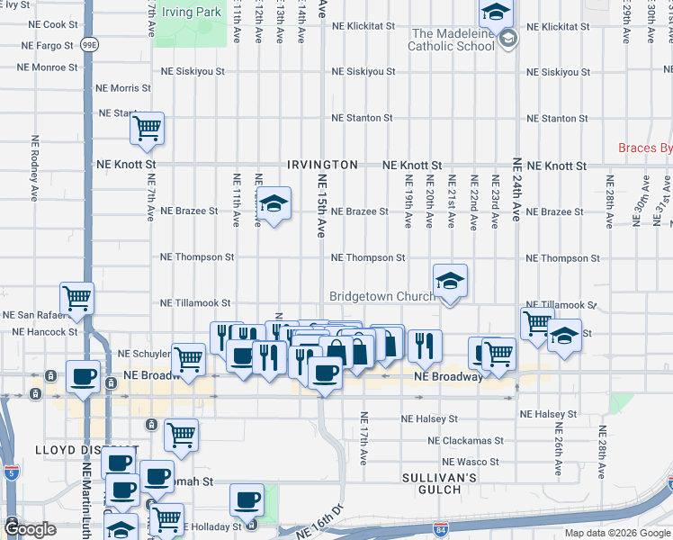 map of restaurants, bars, coffee shops, grocery stores, and more near 2223 Northeast 16th Avenue in Portland