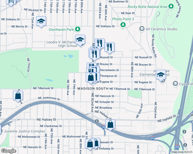 map of restaurants, bars, coffee shops, grocery stores, and more near 8224 Northeast Thompson Street in Portland