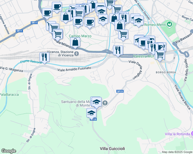 map of restaurants, bars, coffee shops, grocery stores, and more near 46 Via Facchinetti in Vicenza