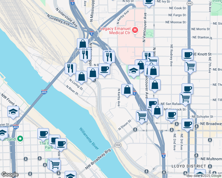 map of restaurants, bars, coffee shops, grocery stores, and more near 660 N Thompson St in Portland