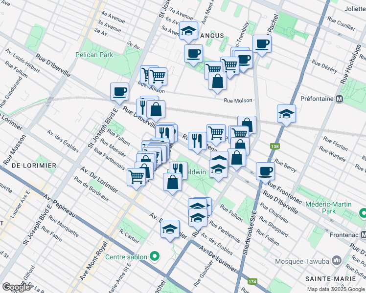 map of restaurants, bars, coffee shops, grocery stores, and more near 4466 Rue D'Iberville in Montréal