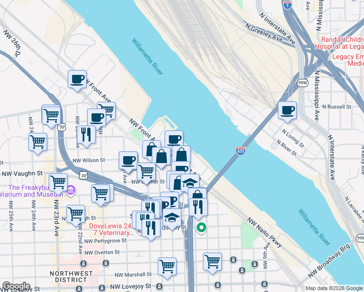 map of restaurants, bars, coffee shops, grocery stores, and more near in Portland