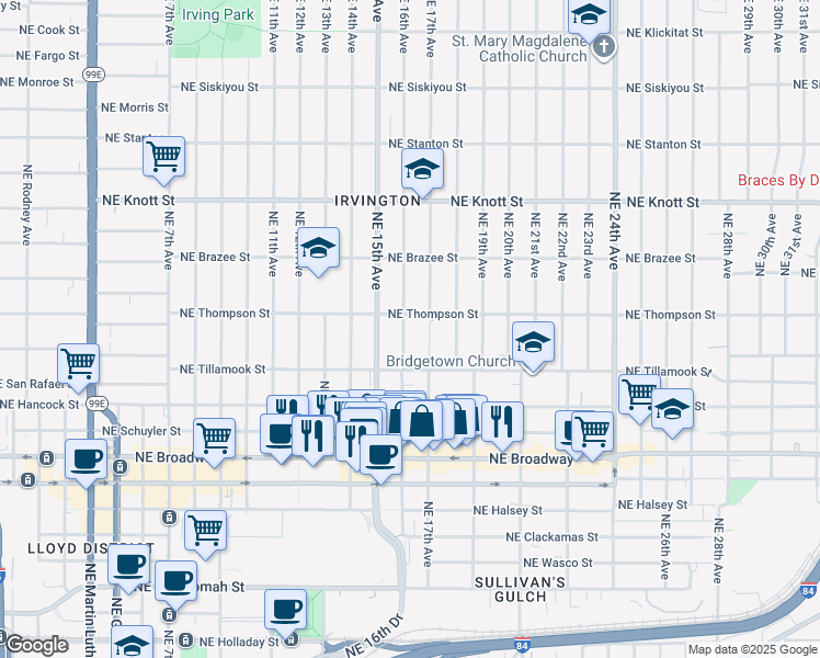 map of restaurants, bars, coffee shops, grocery stores, and more near 2224 Northeast 16th Avenue in Portland