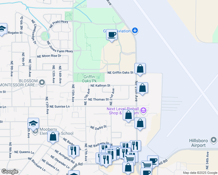 map of restaurants, bars, coffee shops, grocery stores, and more near 2030 Northeast Kathryn Street in Hillsboro