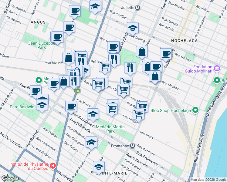 map of restaurants, bars, coffee shops, grocery stores, and more near 2410 Rue Florian in Montréal