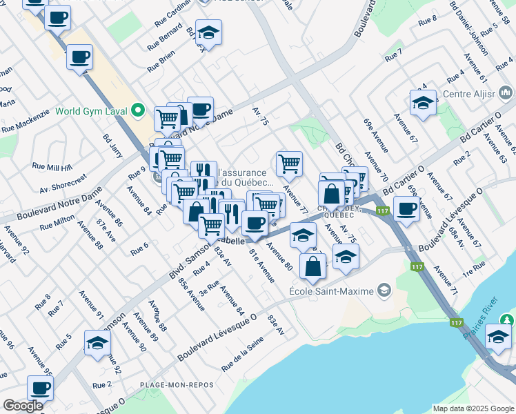 map of restaurants, bars, coffee shops, grocery stores, and more near 570 79e Avenue in Laval