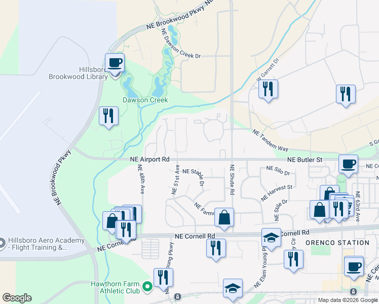 map of restaurants, bars, coffee shops, grocery stores, and more near 1942 Northeast 52nd Avenue in Hillsboro