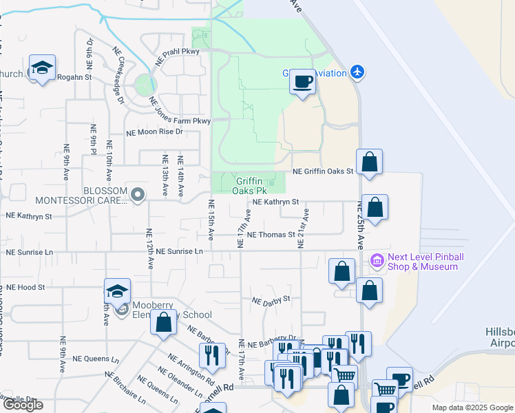 map of restaurants, bars, coffee shops, grocery stores, and more near 1804 Northeast Kathryn Street in Hillsboro