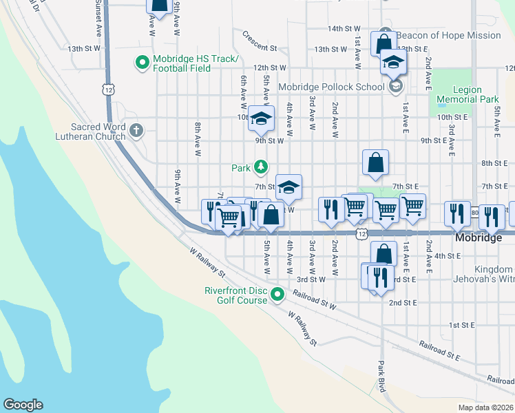 map of restaurants, bars, coffee shops, grocery stores, and more near 524 6th Street West in Mobridge