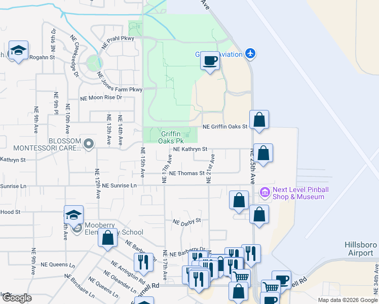 map of restaurants, bars, coffee shops, grocery stores, and more near 1892 Northeast Kathryn Street in Hillsboro