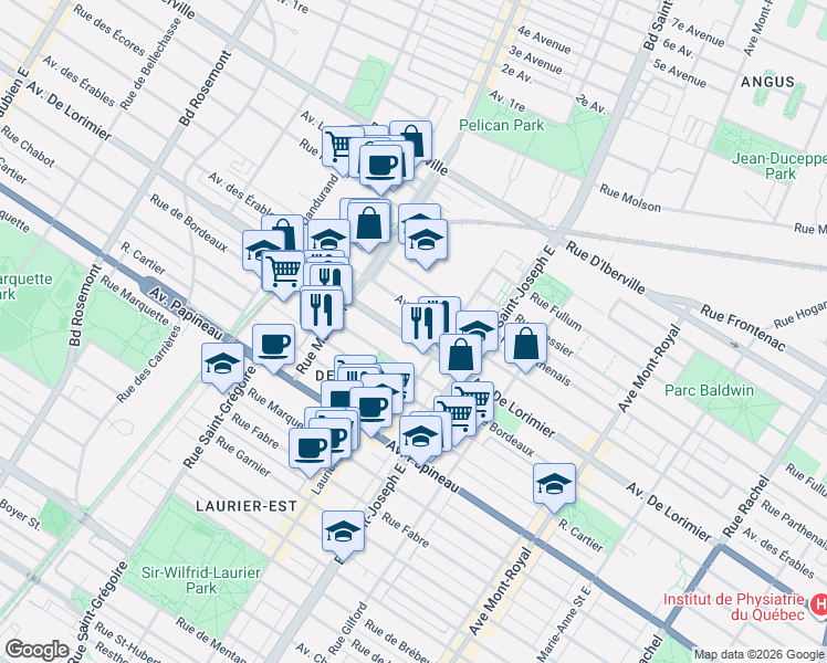 map of restaurants, bars, coffee shops, grocery stores, and more near 5181 Avenue De Lorimier in Montréal