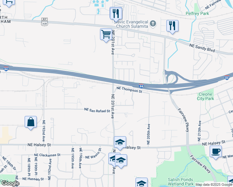 map of restaurants, bars, coffee shops, grocery stores, and more near 2219 Northeast 202nd Avenue in Fairview