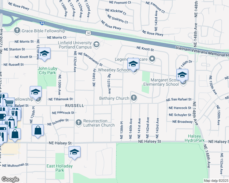 map of restaurants, bars, coffee shops, grocery stores, and more near 2144 Northeast 137th Avenue in Portland