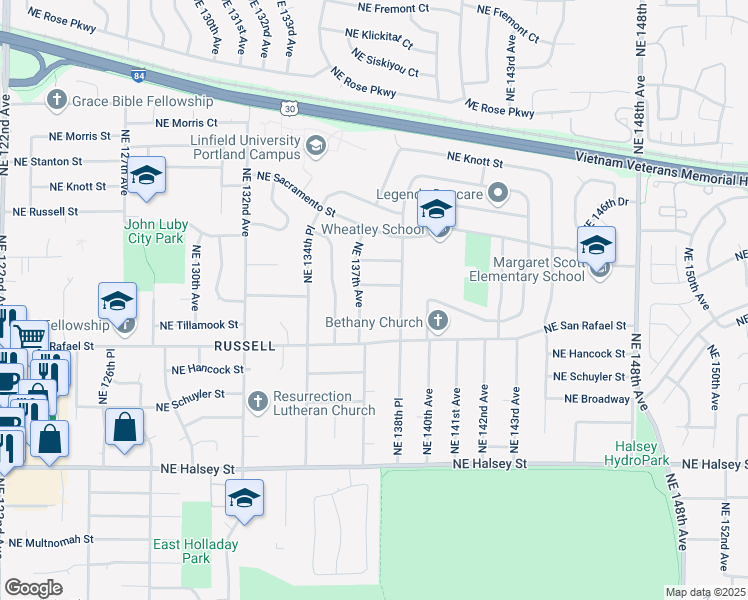 map of restaurants, bars, coffee shops, grocery stores, and more near 2144 Northeast 137th Avenue in Portland