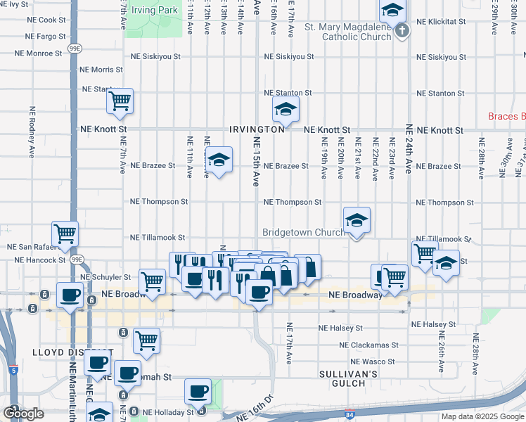 map of restaurants, bars, coffee shops, grocery stores, and more near 2215 Northeast 15th Avenue in Portland