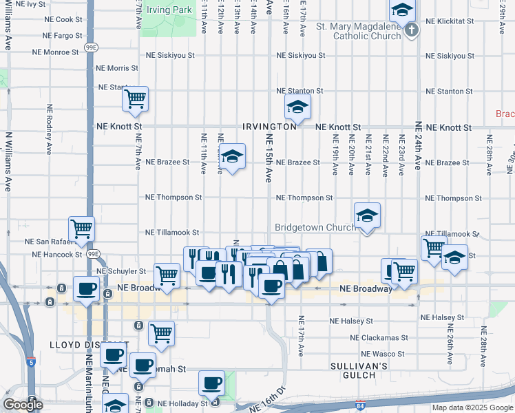 map of restaurants, bars, coffee shops, grocery stores, and more near 2215 Northeast 15th Avenue in Portland