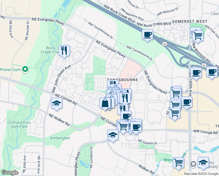 map of restaurants, bars, coffee shops, grocery stores, and more near 2604 Northeast Palazza Way in Hillsboro