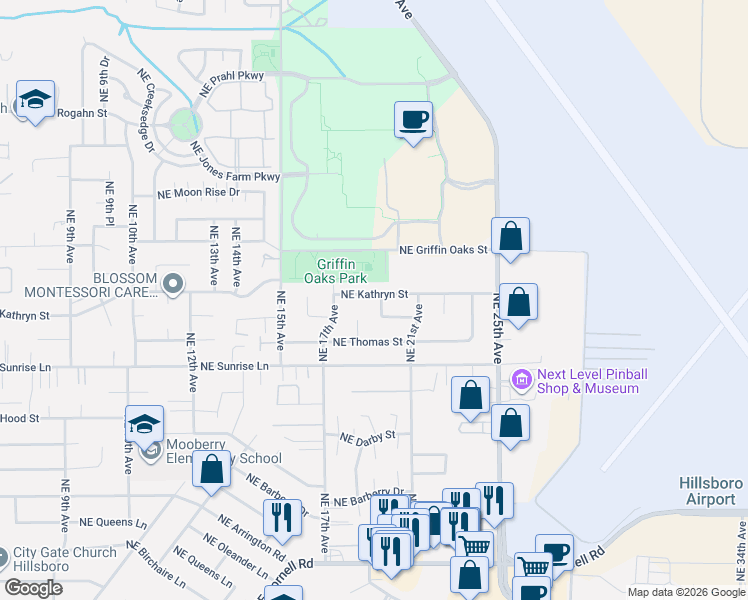 map of restaurants, bars, coffee shops, grocery stores, and more near 1892 Northeast Kathryn Street in Hillsboro
