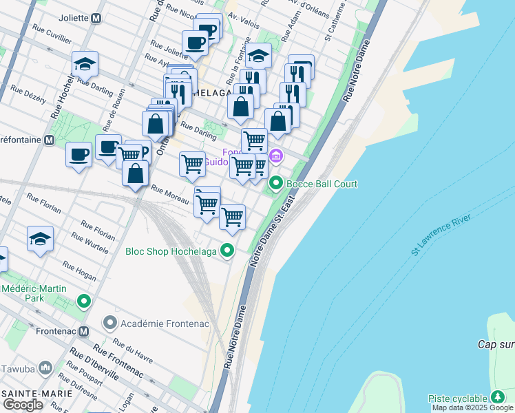 map of restaurants, bars, coffee shops, grocery stores, and more near 3152 Rue Sainte-Catherine Est in Montréal