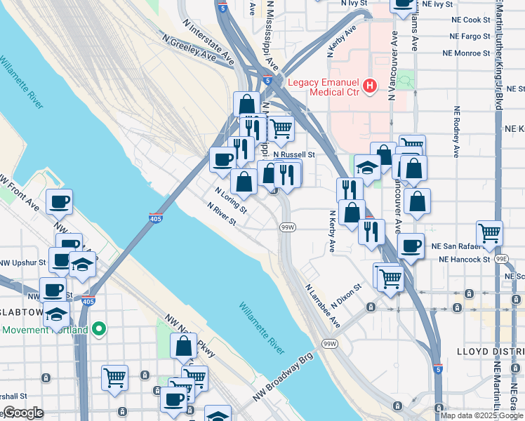 map of restaurants, bars, coffee shops, grocery stores, and more near 2182 North Lewis Avenue in Portland