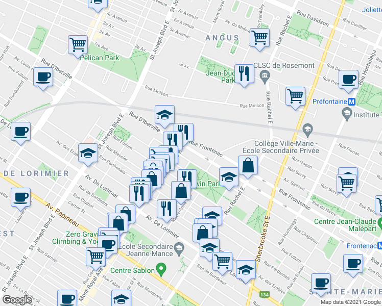 map of restaurants, bars, coffee shops, grocery stores, and more near 4472 Rue D'Iberville in Montréal