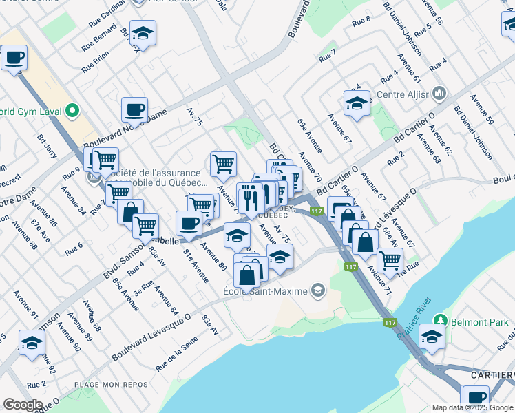 map of restaurants, bars, coffee shops, grocery stores, and more near 411 Boulevard du Curé-Labelle in Laval