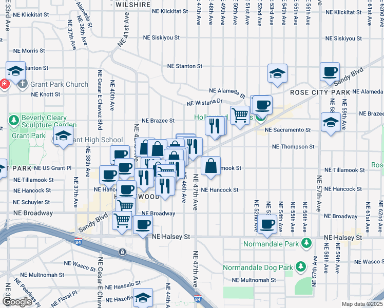 map of restaurants, bars, coffee shops, grocery stores, and more near 2209 Northeast 46th Avenue in Portland