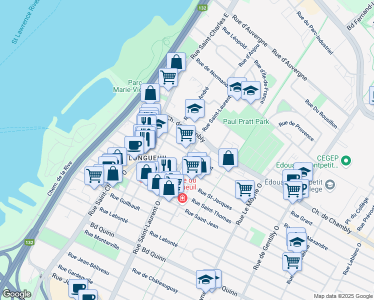 map of restaurants, bars, coffee shops, grocery stores, and more near 79 Rue Saint-Laurent Ouest in Longueuil