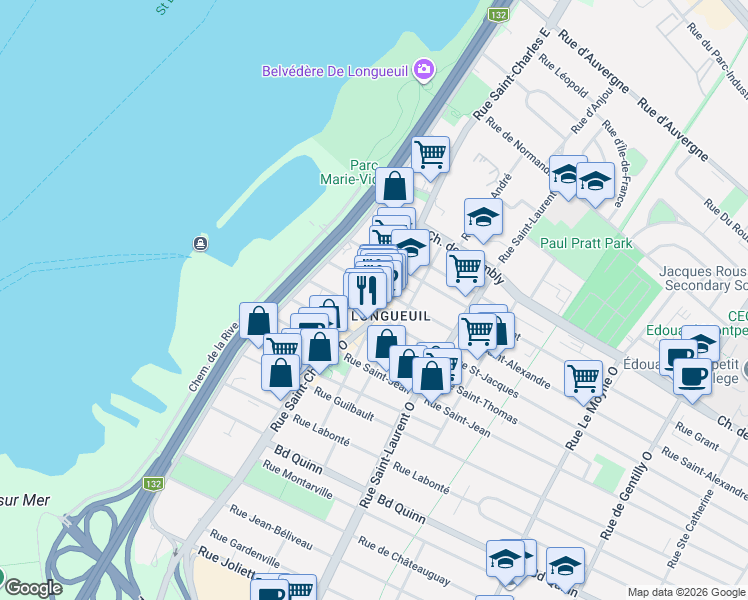 map of restaurants, bars, coffee shops, grocery stores, and more near 173 Rue Saint-Charles Ouest in Longueuil