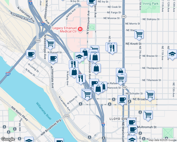 map of restaurants, bars, coffee shops, grocery stores, and more near 2124 North Flint Avenue in Portland