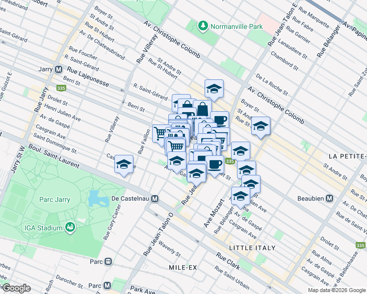 map of restaurants, bars, coffee shops, grocery stores, and more near 362 Rue de Castelnau Est in Montréal