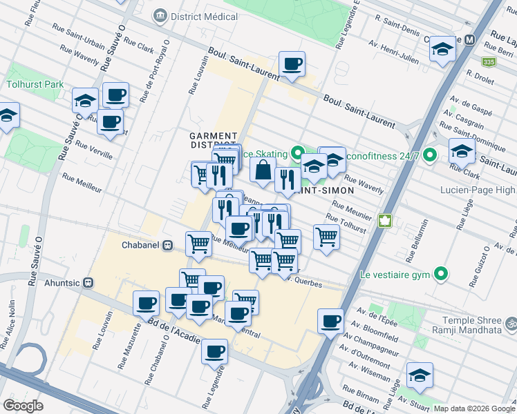 map of restaurants, bars, coffee shops, grocery stores, and more near 9142 Rue Jeanne-Mance in Montréal