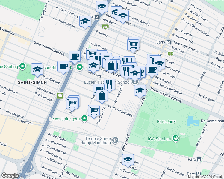map of restaurants, bars, coffee shops, grocery stores, and more near 8368 Rue Saint-Urbain in Montréal