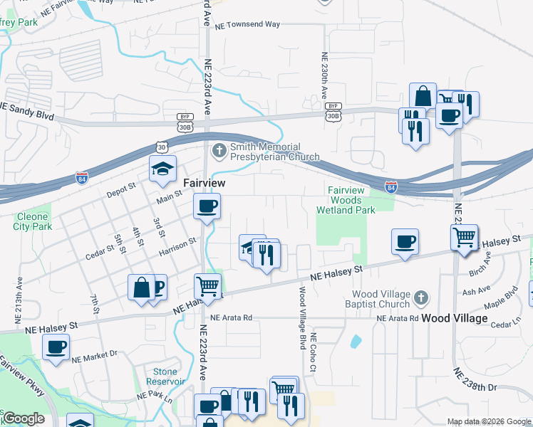 map of restaurants, bars, coffee shops, grocery stores, and more near 1936 Northeast 227th Court in Fairview