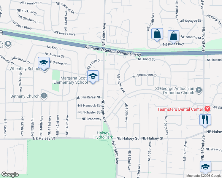 map of restaurants, bars, coffee shops, grocery stores, and more near 14849 Northeast Eugene Street in Portland