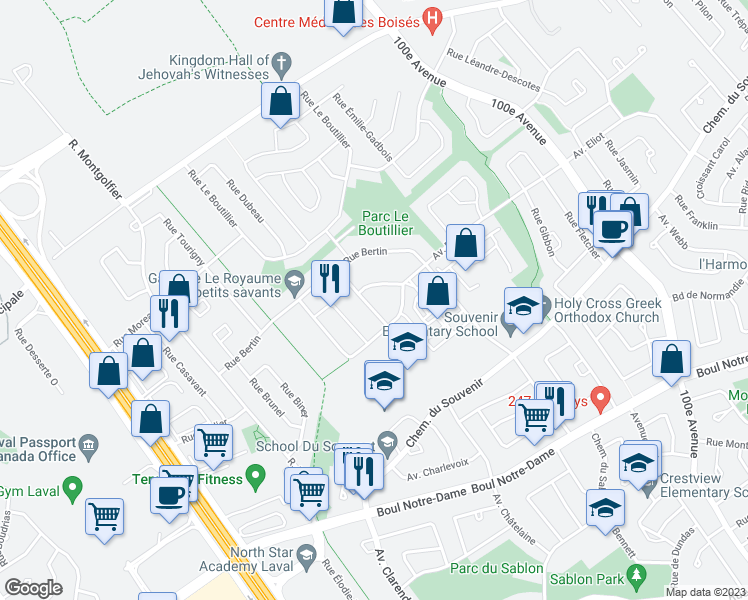 map of restaurants, bars, coffee shops, grocery stores, and more near 959 Rue Jules-Huot in Laval