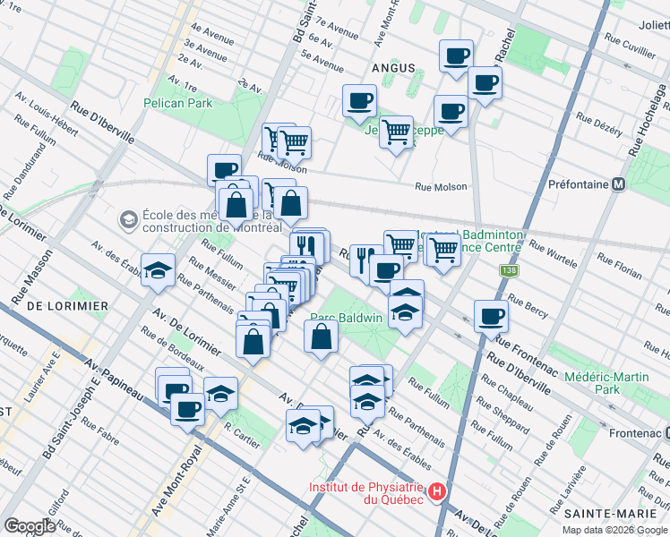 map of restaurants, bars, coffee shops, grocery stores, and more near 4482 Rue D'Iberville in Montréal