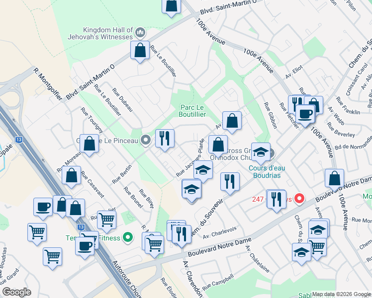 map of restaurants, bars, coffee shops, grocery stores, and more near 959 Rue Jules-Huot in Laval