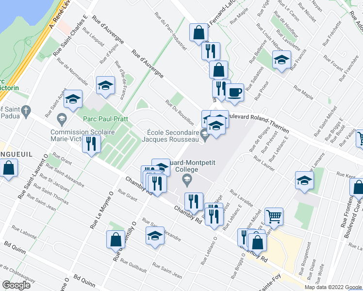 map of restaurants, bars, coffee shops, grocery stores, and more near 357 Rue de Gentilly Est in Longueuil